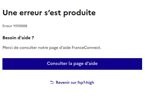 Page d'erreur avec bouton permettant de consulter l'aide