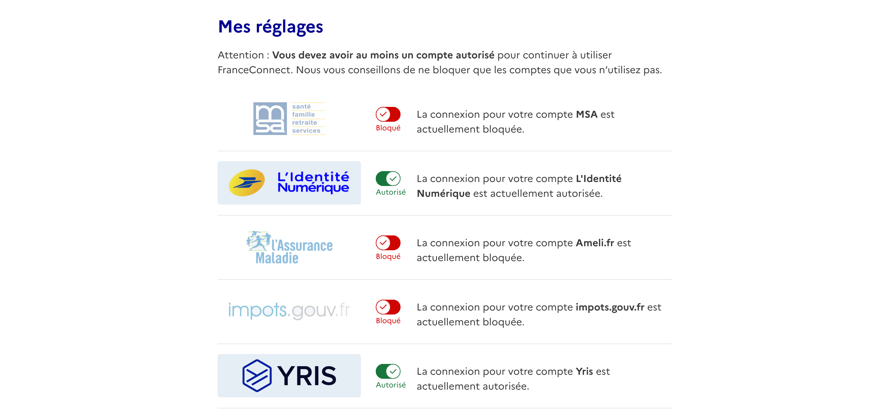 Page permettant de bloquer les comptes ou identités numériques sur FranceConnect